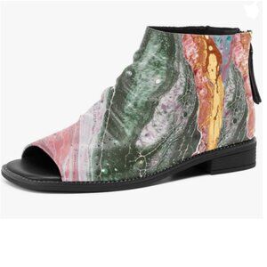 FSJ Marble Peep Open Toe Slouchy Low Block Heel Ankle Booties Flats Sandal